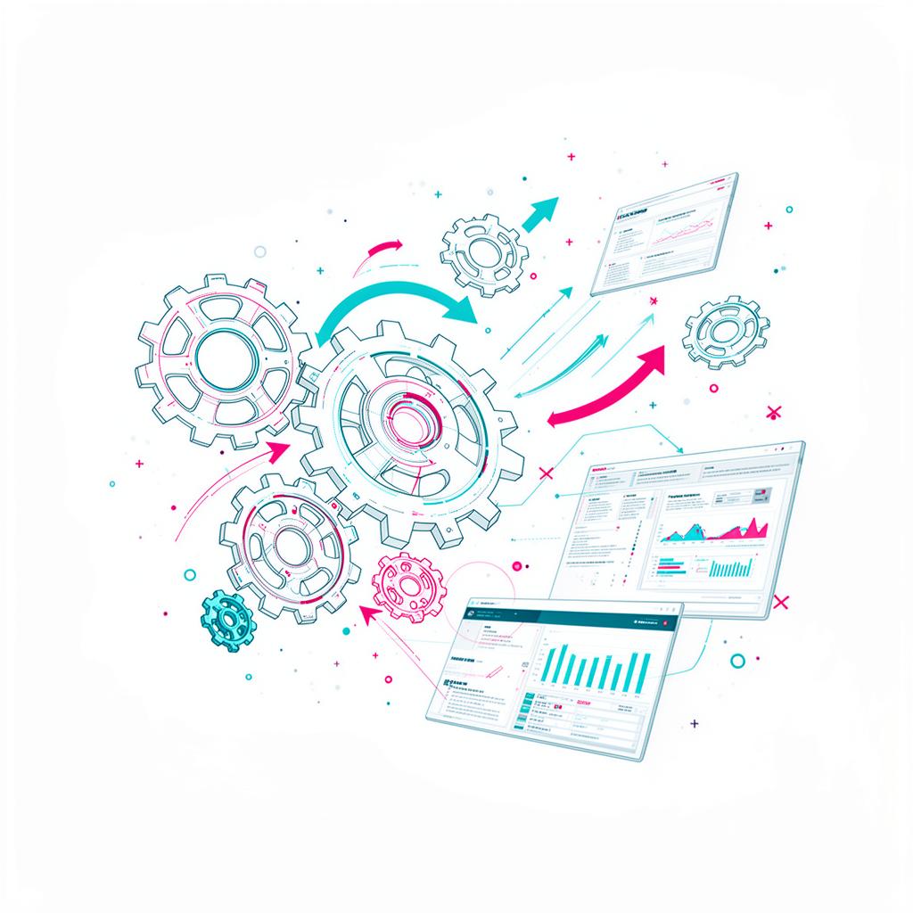 Automatización de procesos empresariales: engranajes, flujos de trabajo y dashboards interconectados