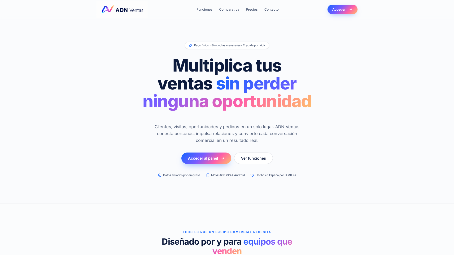 Página real de ADN Ventas, CRM para equipos comerciales