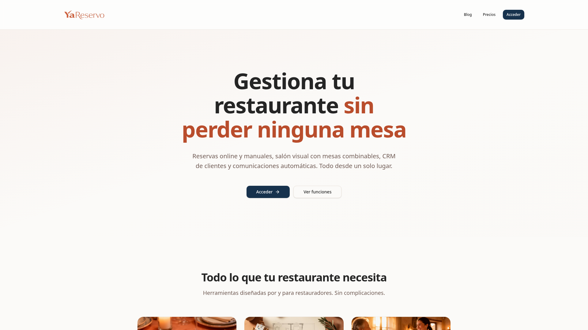 Página real de YaReservo con su sistema de gestión para restaurantes